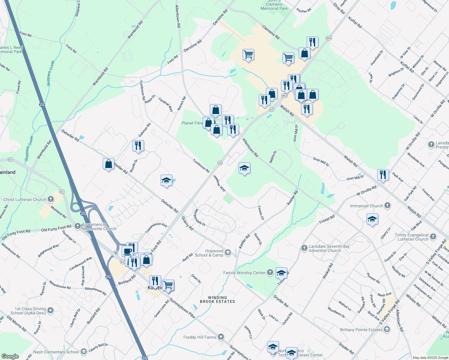 map of restaurants, bars, coffee shops, grocery stores, and more near 702 Patricia Way in Lansdale