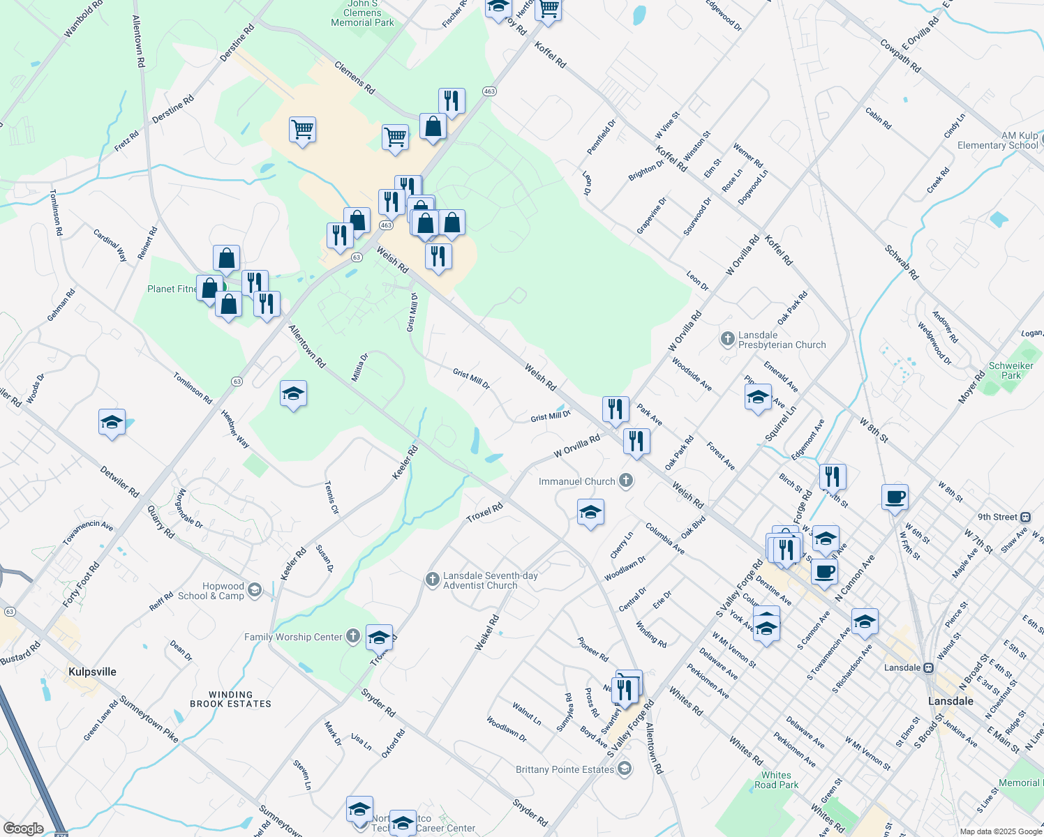 map of restaurants, bars, coffee shops, grocery stores, and more near 431 Sailmaker Way in Lansdale