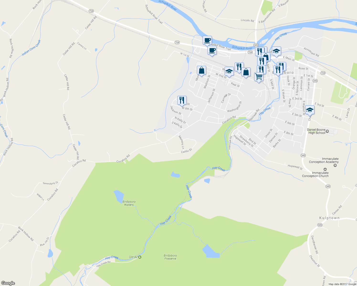 map of restaurants, bars, coffee shops, grocery stores, and more near 38 Memory Lane in Birdsboro