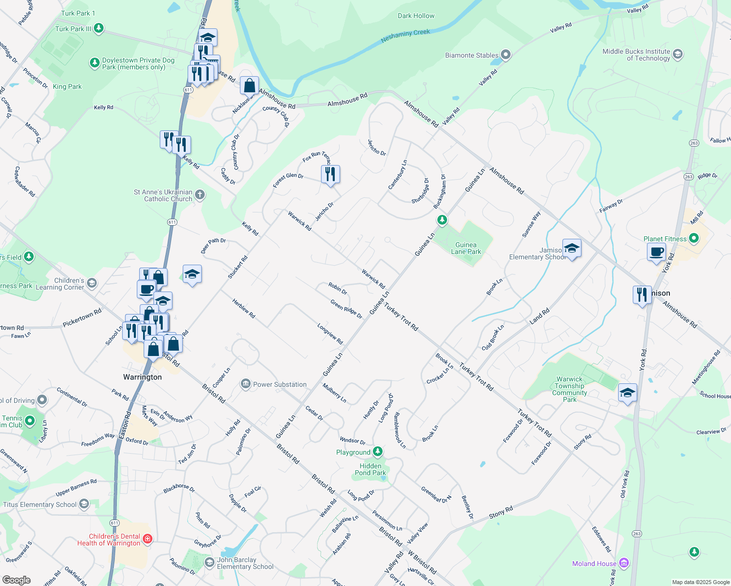map of restaurants, bars, coffee shops, grocery stores, and more near 2116 Emily Circle in Warrington