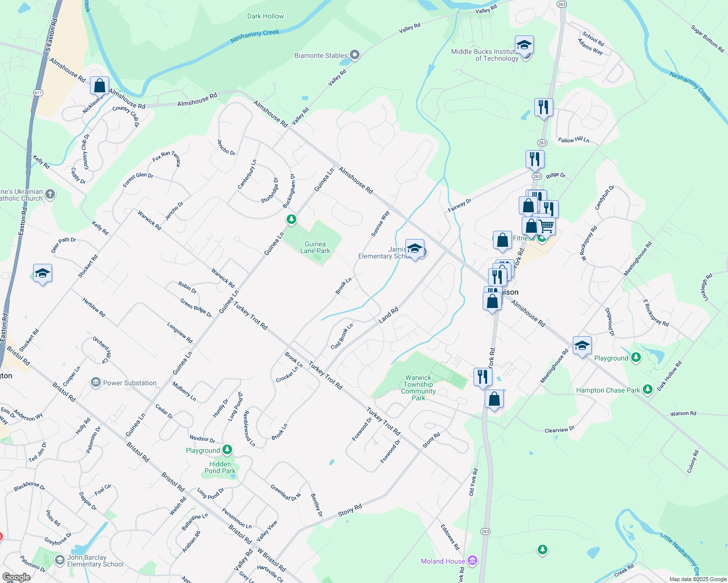 map of restaurants, bars, coffee shops, grocery stores, and more near 2135 Sunrise Way in Jamison
