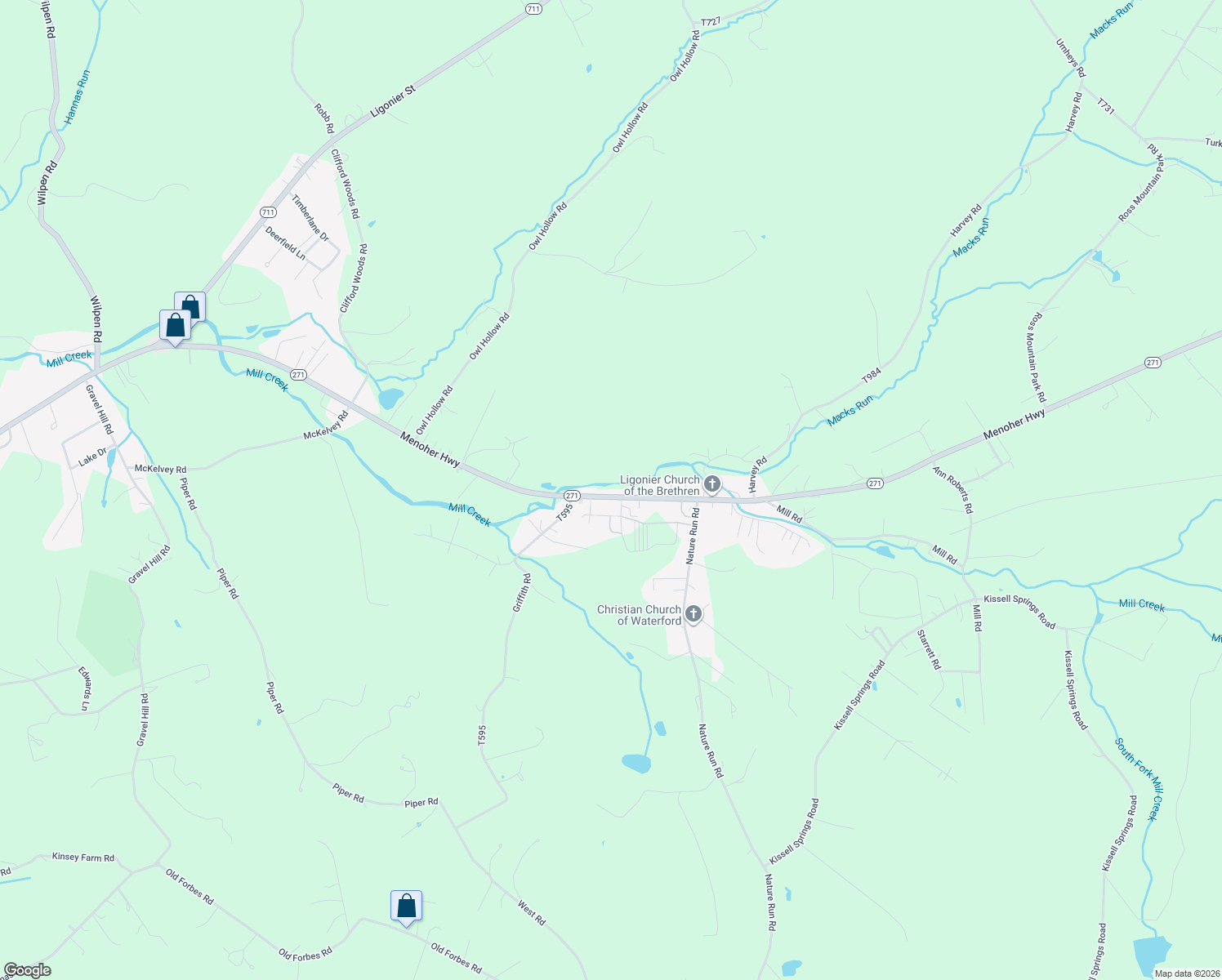 map of restaurants, bars, coffee shops, grocery stores, and more near 341 Pennsylvania 271 in Ligonier