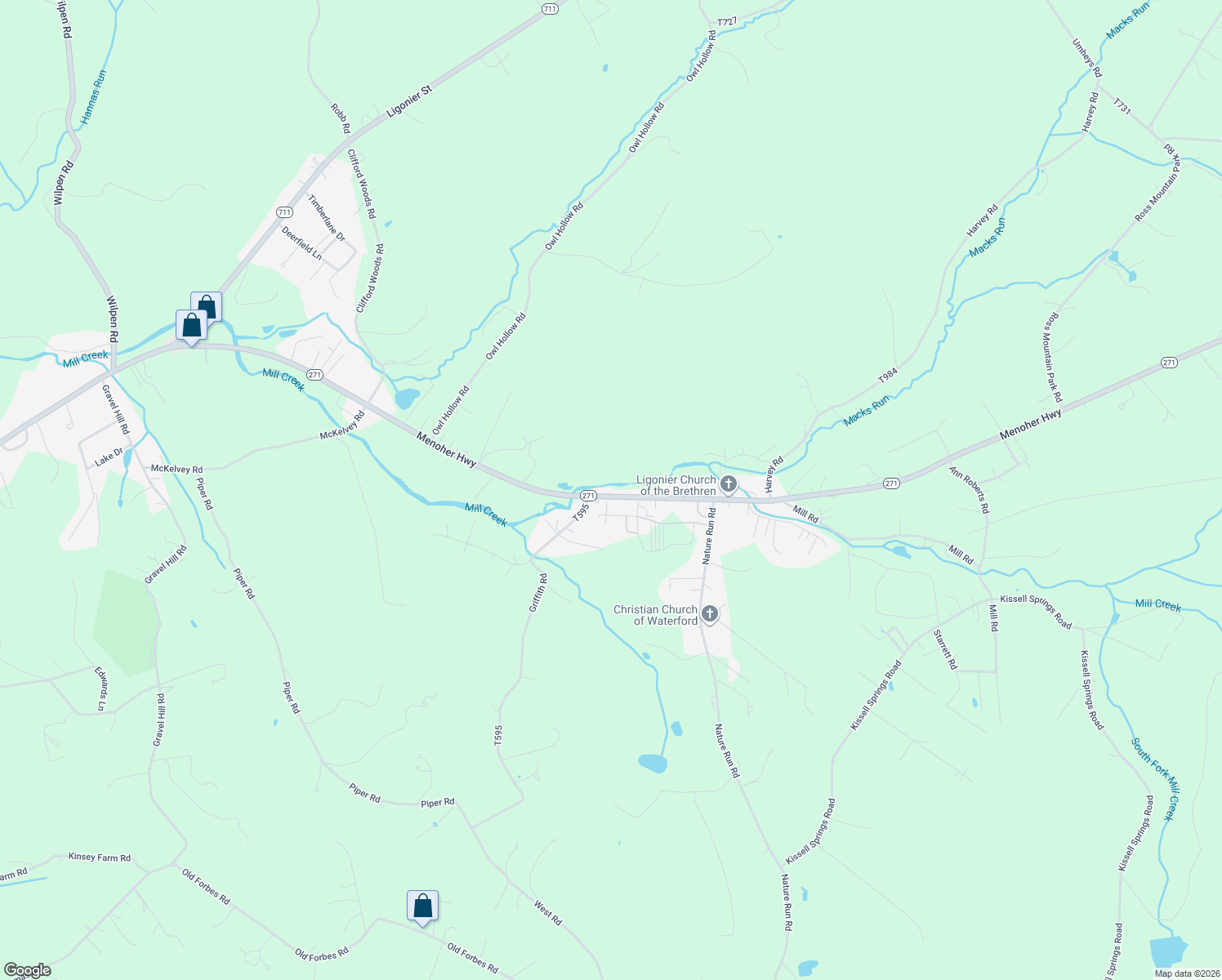 map of restaurants, bars, coffee shops, grocery stores, and more near 341 Pennsylvania 271 in Ligonier