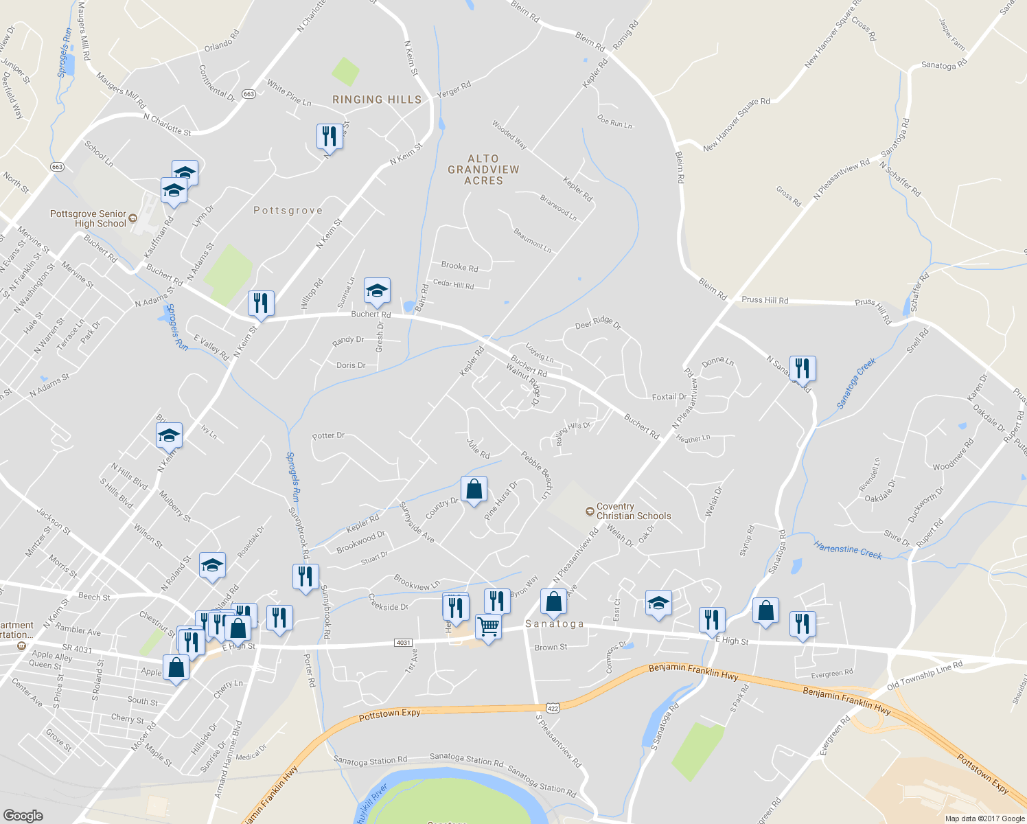 map of restaurants, bars, coffee shops, grocery stores, and more near 4004 Walnut Ridge Drive in Pottstown