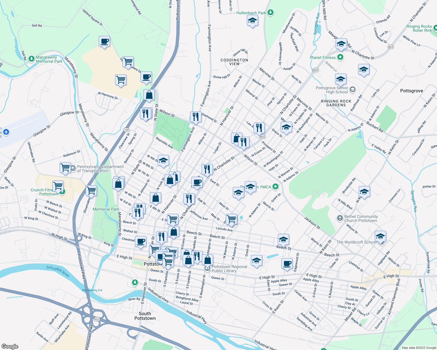 map of restaurants, bars, coffee shops, grocery stores, and more near 625 North Evans Street in Pottstown