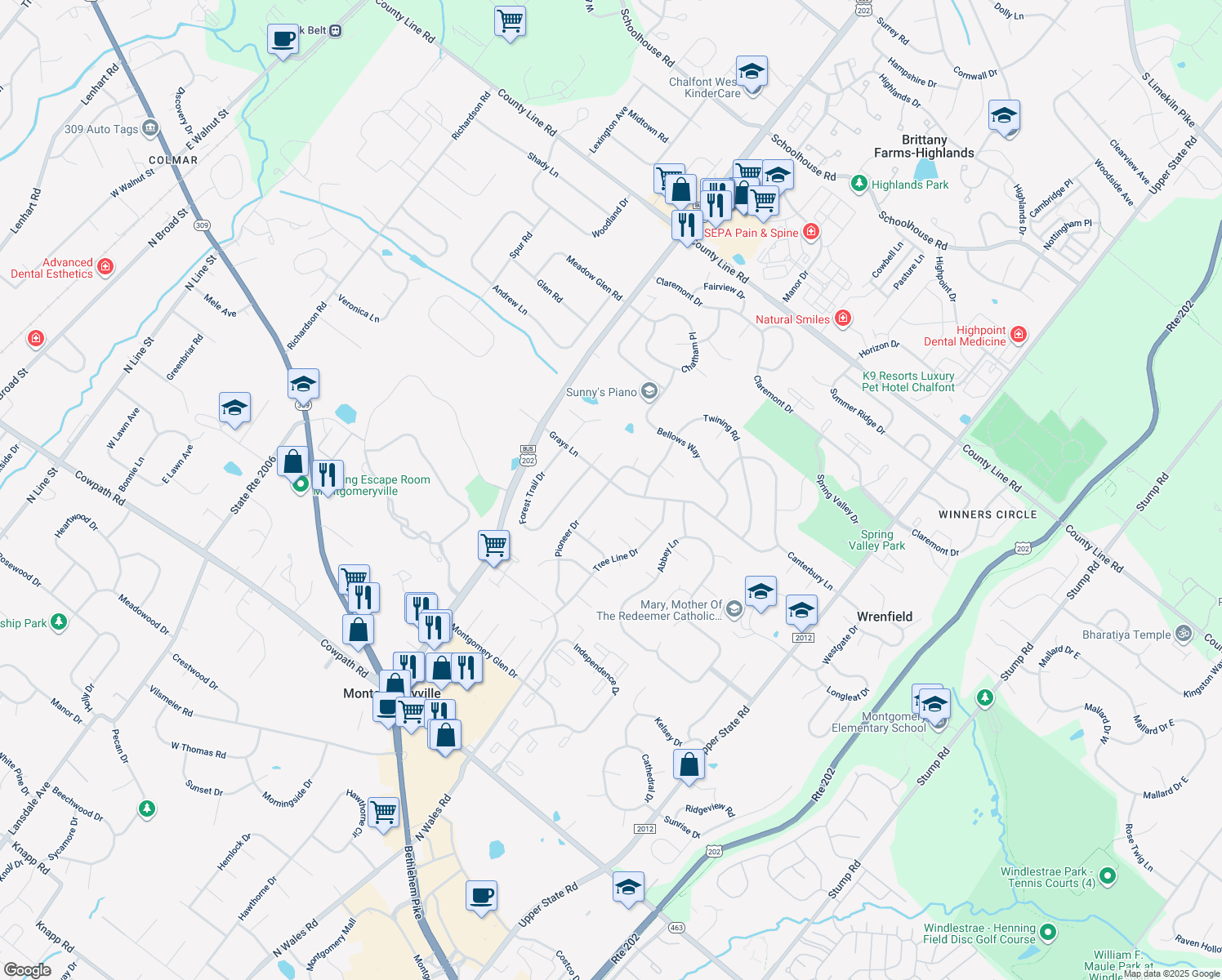 map of restaurants, bars, coffee shops, grocery stores, and more near 212 Pioneer Dr in Lansdale