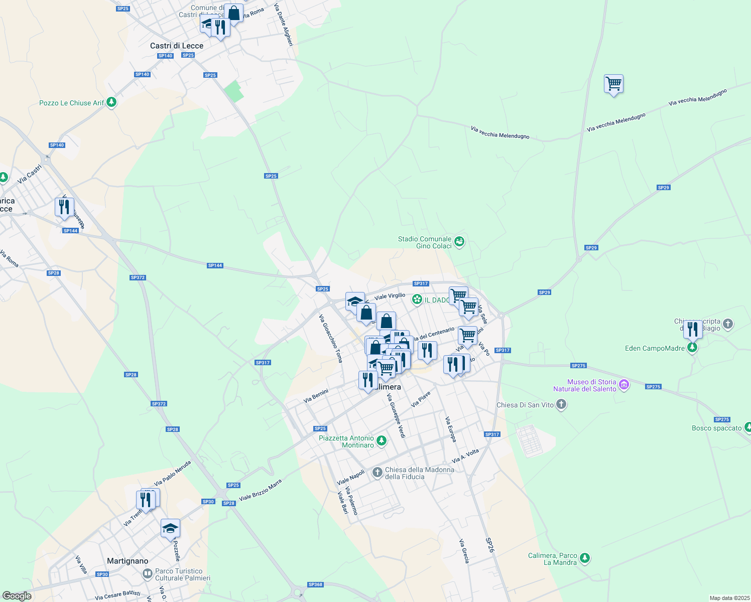 map of restaurants, bars, coffee shops, grocery stores, and more near 11 Viale Virgilio in Calimera