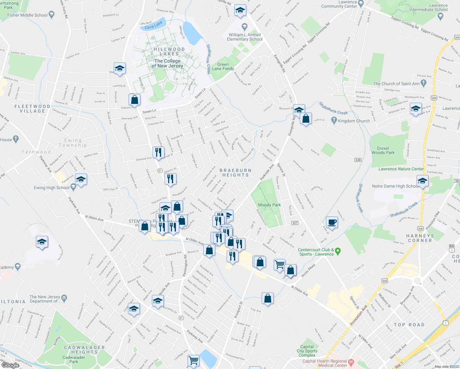 map of restaurants, bars, coffee shops, grocery stores, and more near 12 Auburn Avenue in Trenton