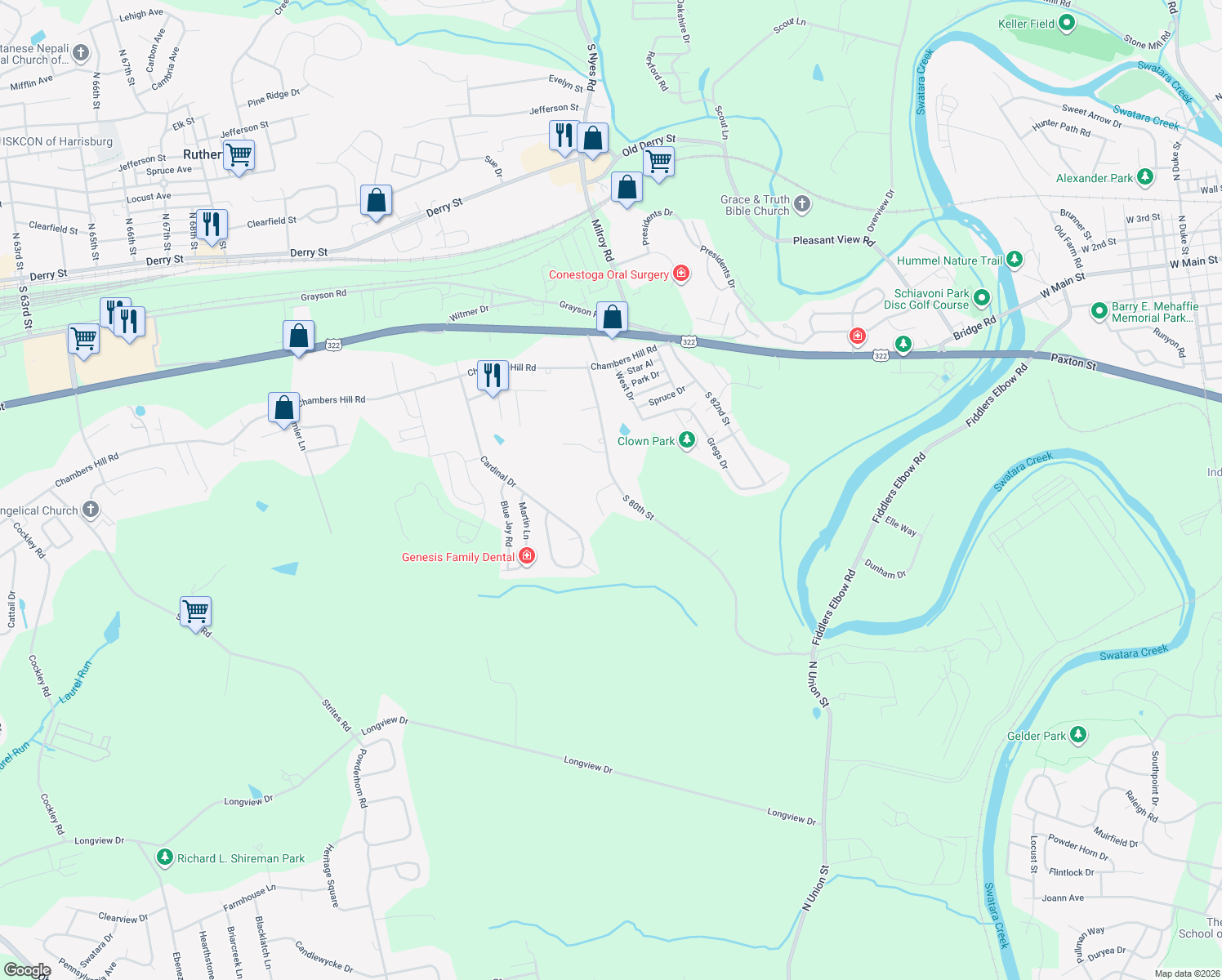 map of restaurants, bars, coffee shops, grocery stores, and more near 722 Felty Drive in Harrisburg