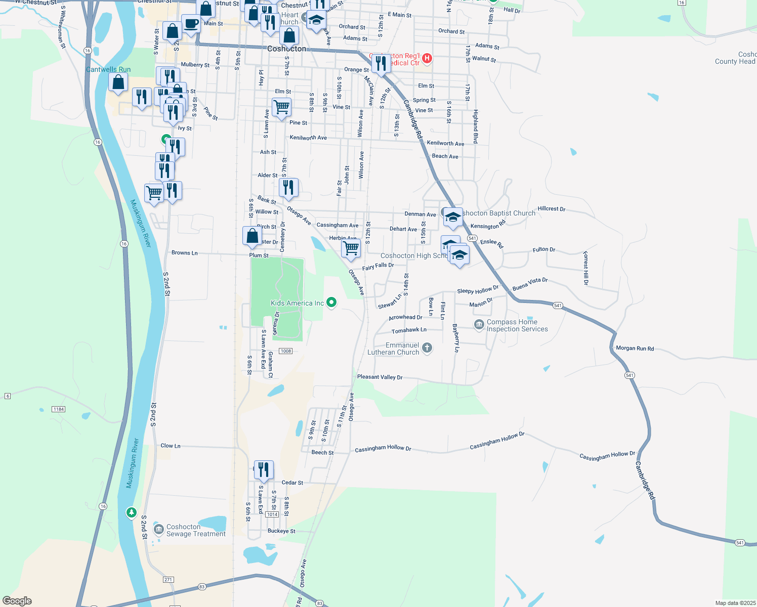 map of restaurants, bars, coffee shops, grocery stores, and more near 1238 Stewart Ln in Coshocton