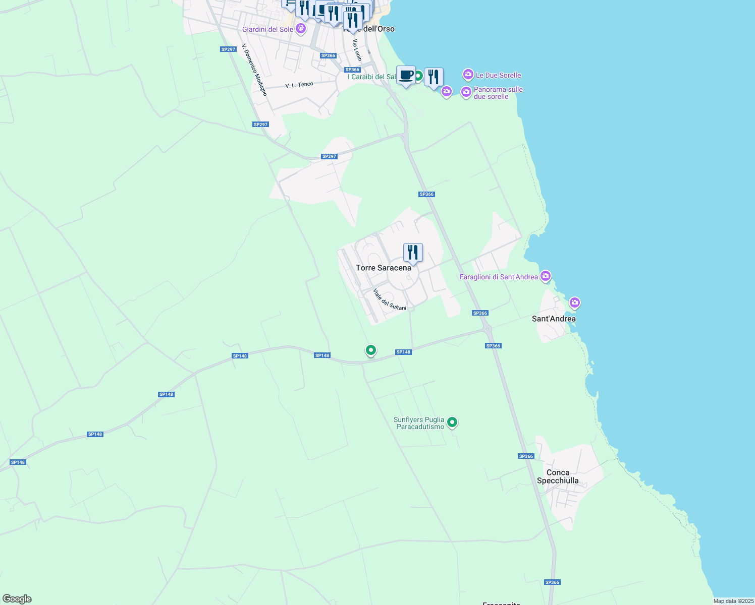 map of restaurants, bars, coffee shops, grocery stores, and more near 54 Viale degli Sceicchi in Torre Saracena