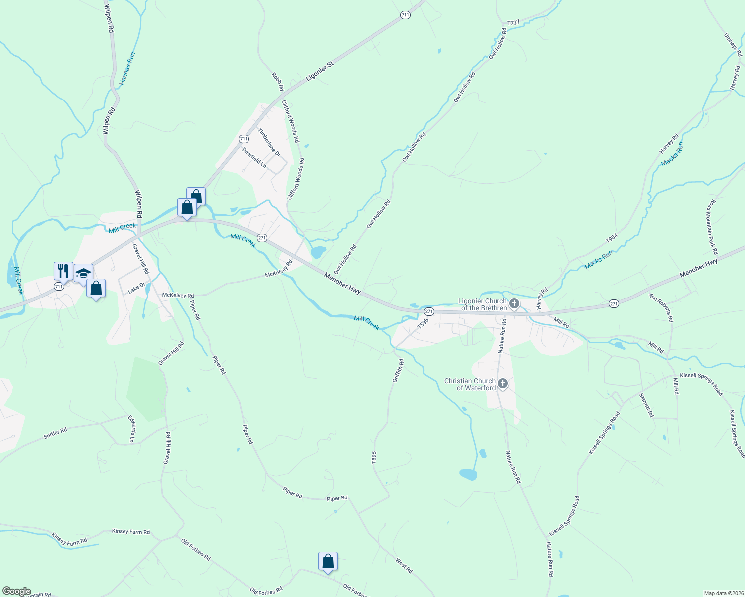 map of restaurants, bars, coffee shops, grocery stores, and more near 502 Springfield Lane in Ligonier