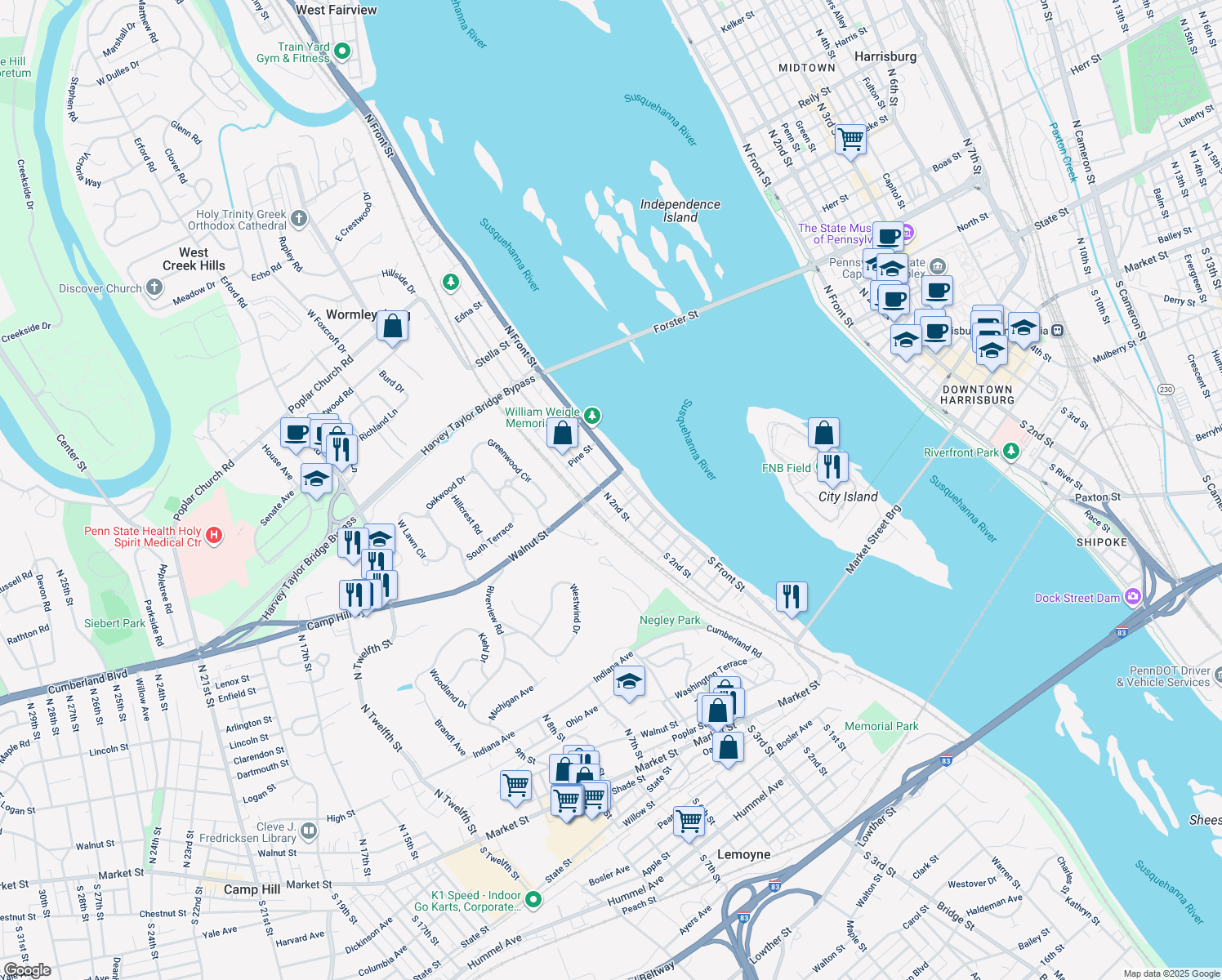 map of restaurants, bars, coffee shops, grocery stores, and more near 121 North 2nd Street in Wormleysburg