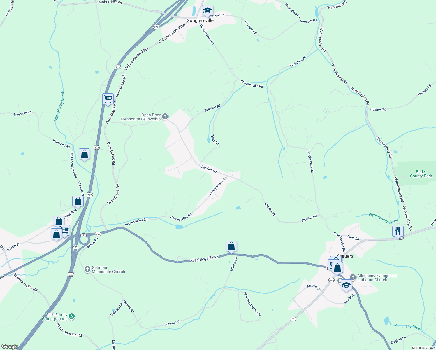 map of restaurants, bars, coffee shops, grocery stores, and more near 302 Blimline Road in Mohnton