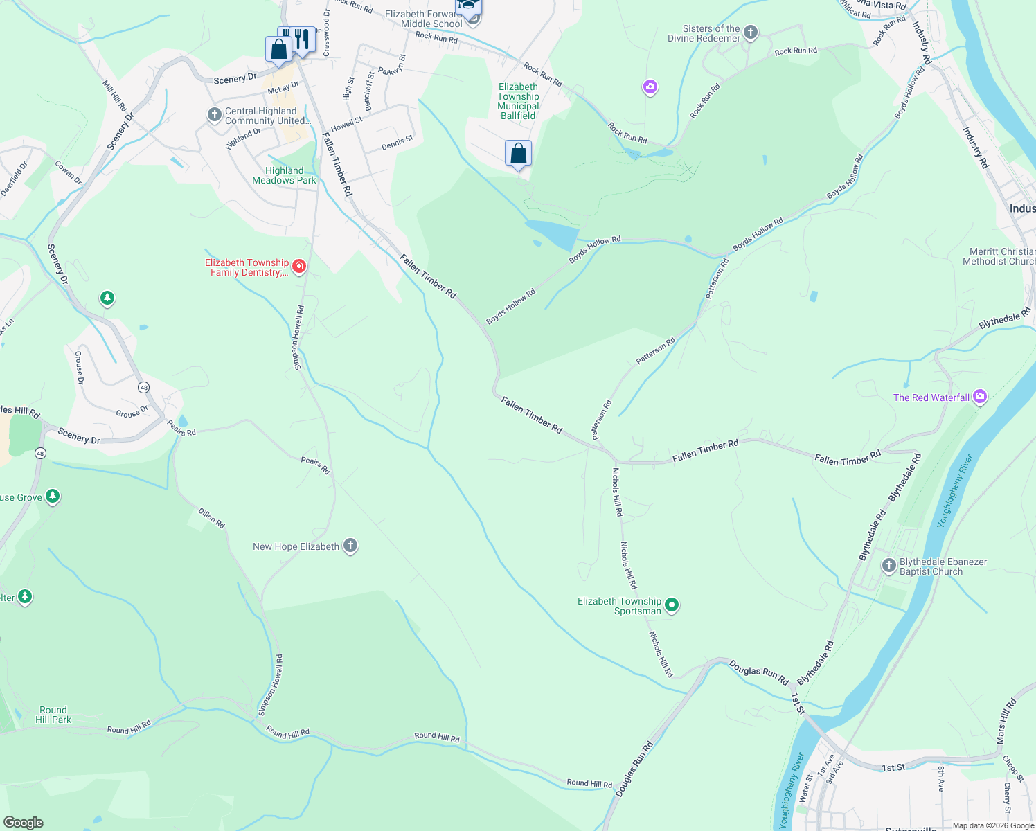 map of restaurants, bars, coffee shops, grocery stores, and more near 1066 Fallen Timber Rd in Elizabeth