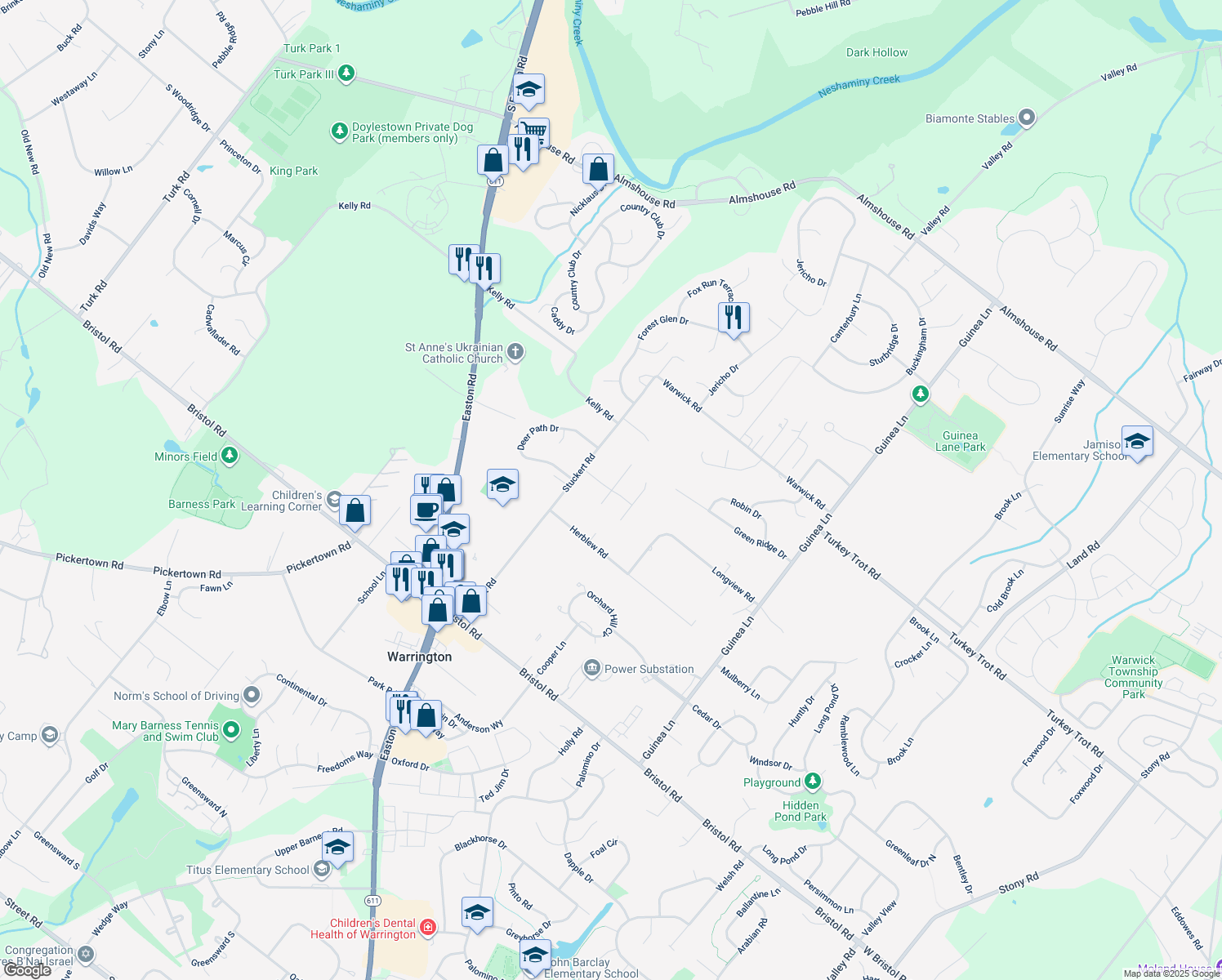 map of restaurants, bars, coffee shops, grocery stores, and more near 2254 Wheat Sheaf Lane in Warrington