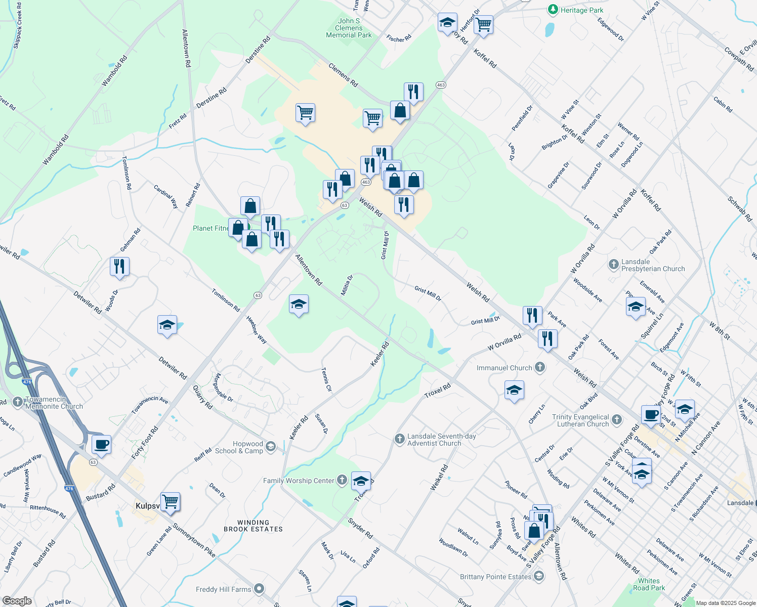 map of restaurants, bars, coffee shops, grocery stores, and more near 409 Militia Drive in Lansdale