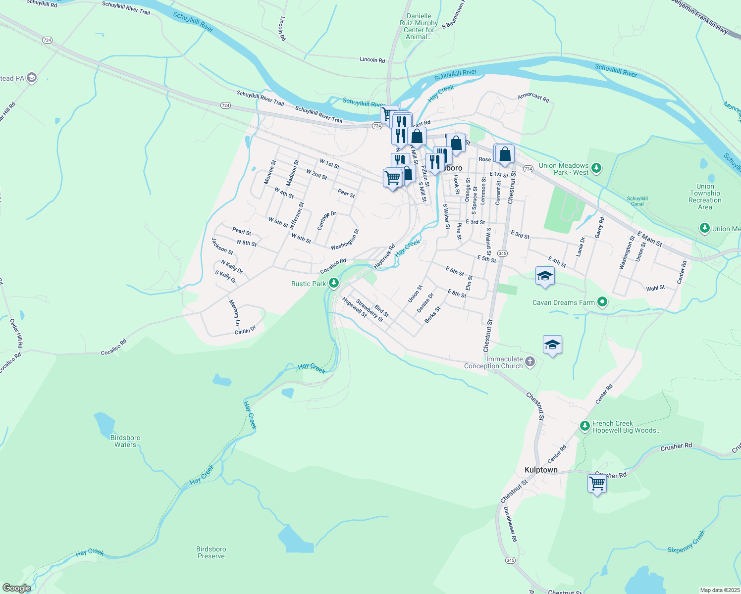 map of restaurants, bars, coffee shops, grocery stores, and more near 161 Bird Street in Birdsboro