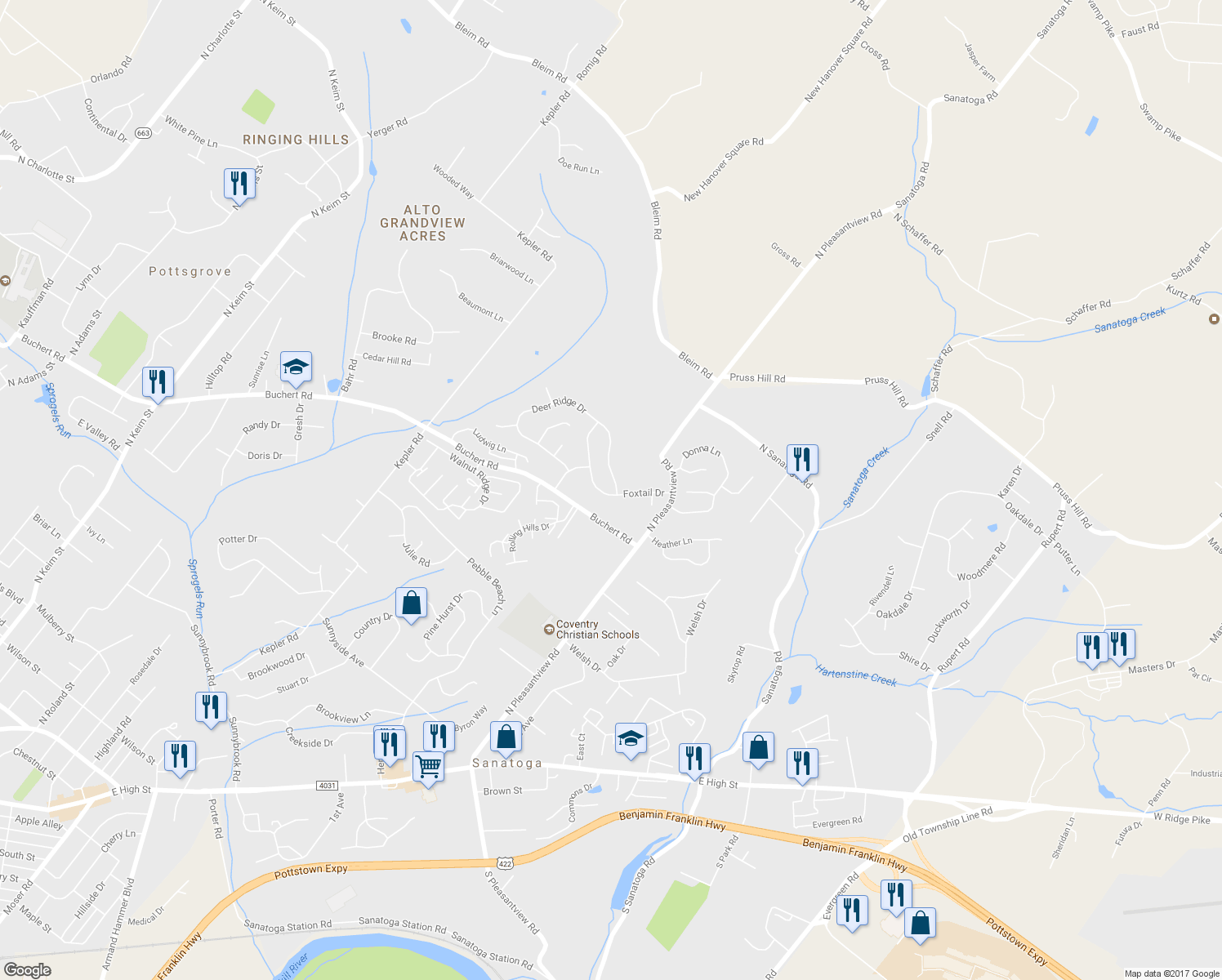 map of restaurants, bars, coffee shops, grocery stores, and more near 2162 Deer Ridge Drive in Sanatoga