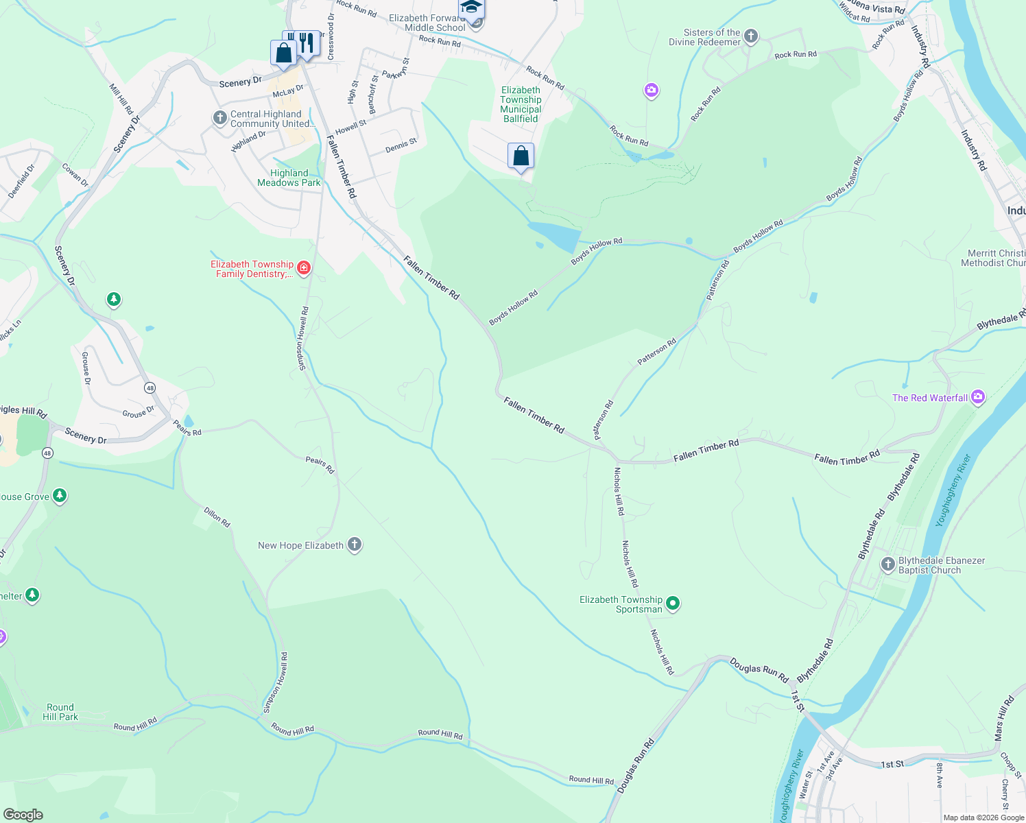 map of restaurants, bars, coffee shops, grocery stores, and more near 1066 Fallen Timber Road in Elizabeth