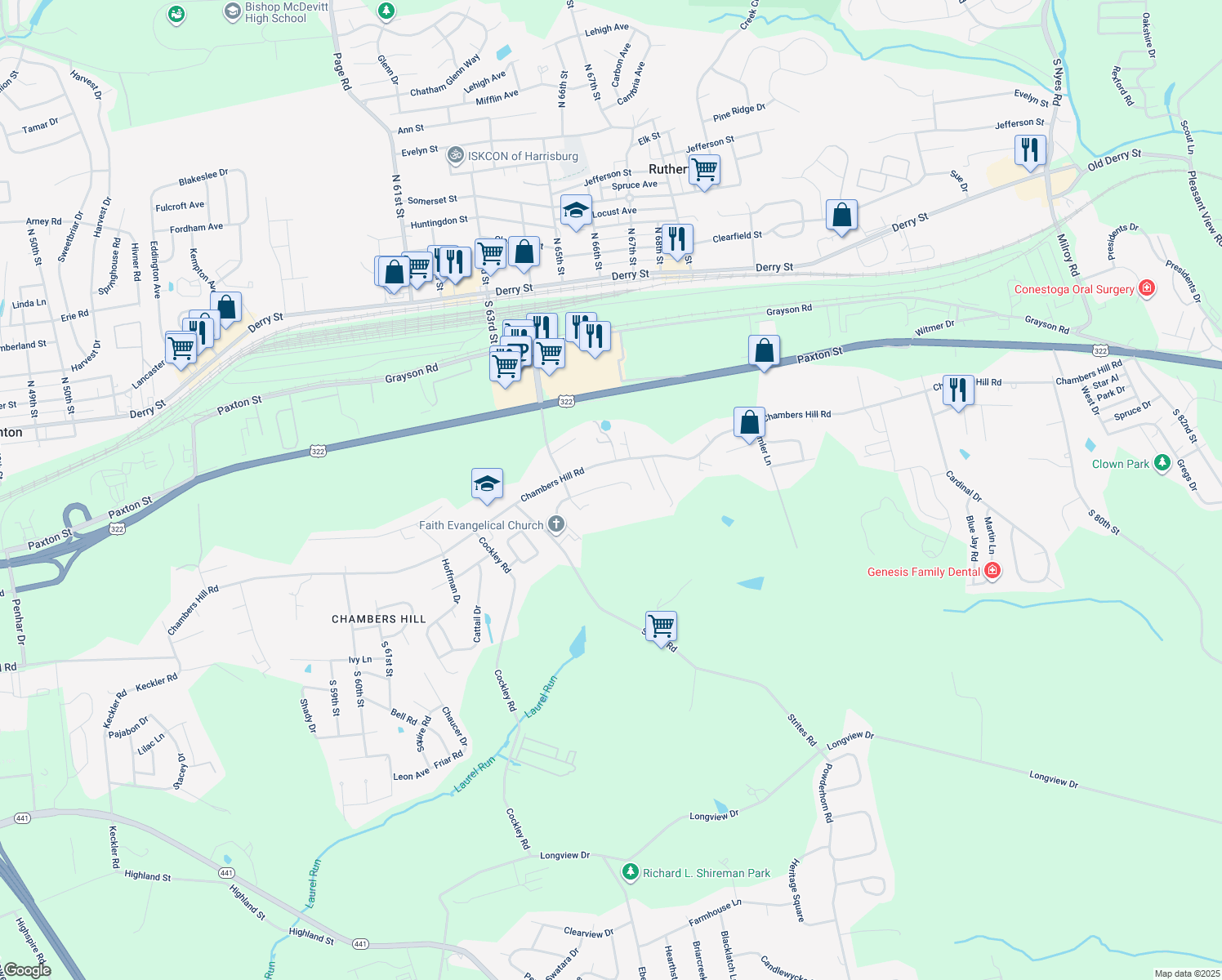 map of restaurants, bars, coffee shops, grocery stores, and more near 6891 Chatham Drive in Harrisburg