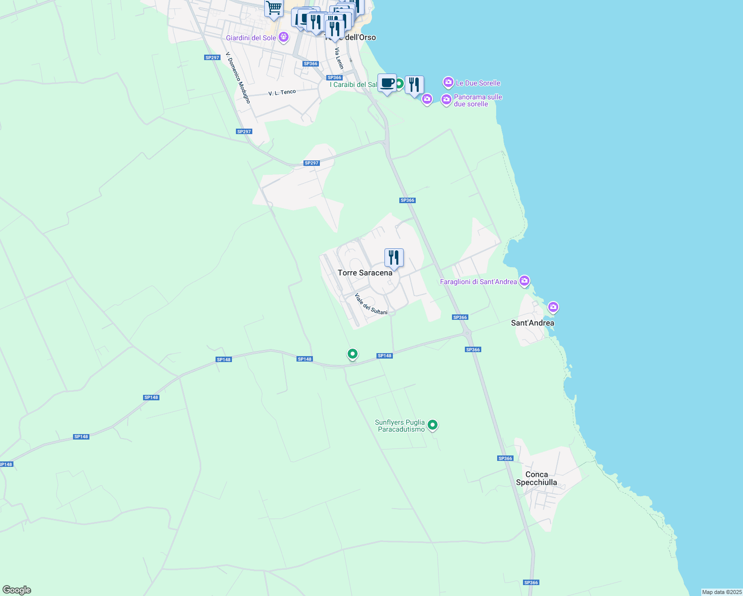 map of restaurants, bars, coffee shops, grocery stores, and more near 1 Viale degli Sceicchi in Torre Saracena