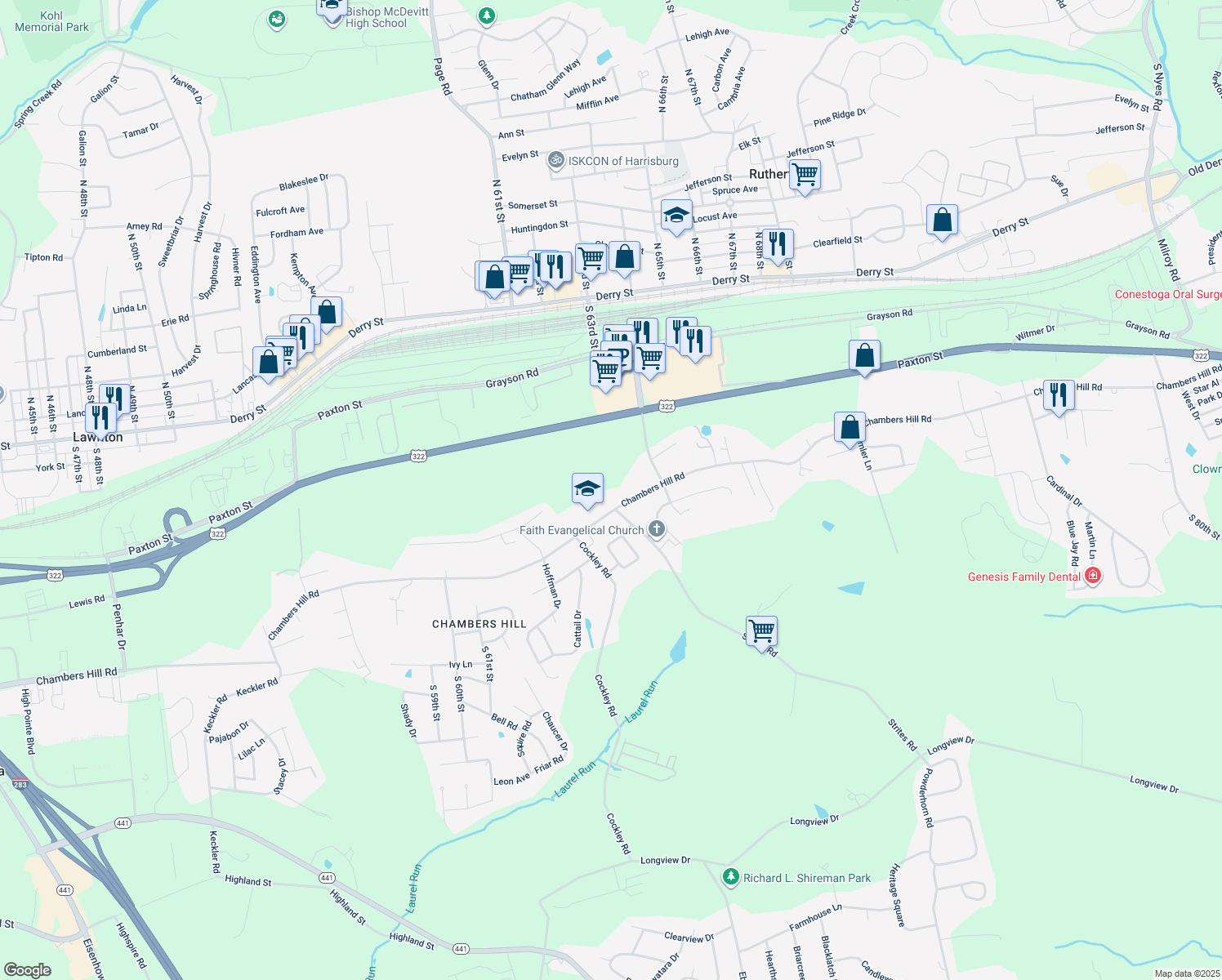map of restaurants, bars, coffee shops, grocery stores, and more near 6520 Chambers Hill Rd in Harrisburg