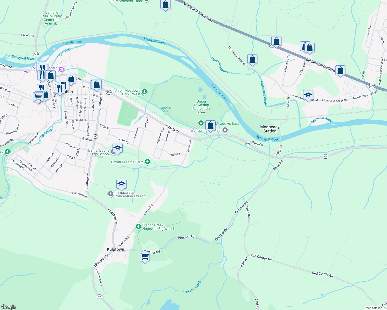 map of restaurants, bars, coffee shops, grocery stores, and more near 21 Center Rd in Douglassville