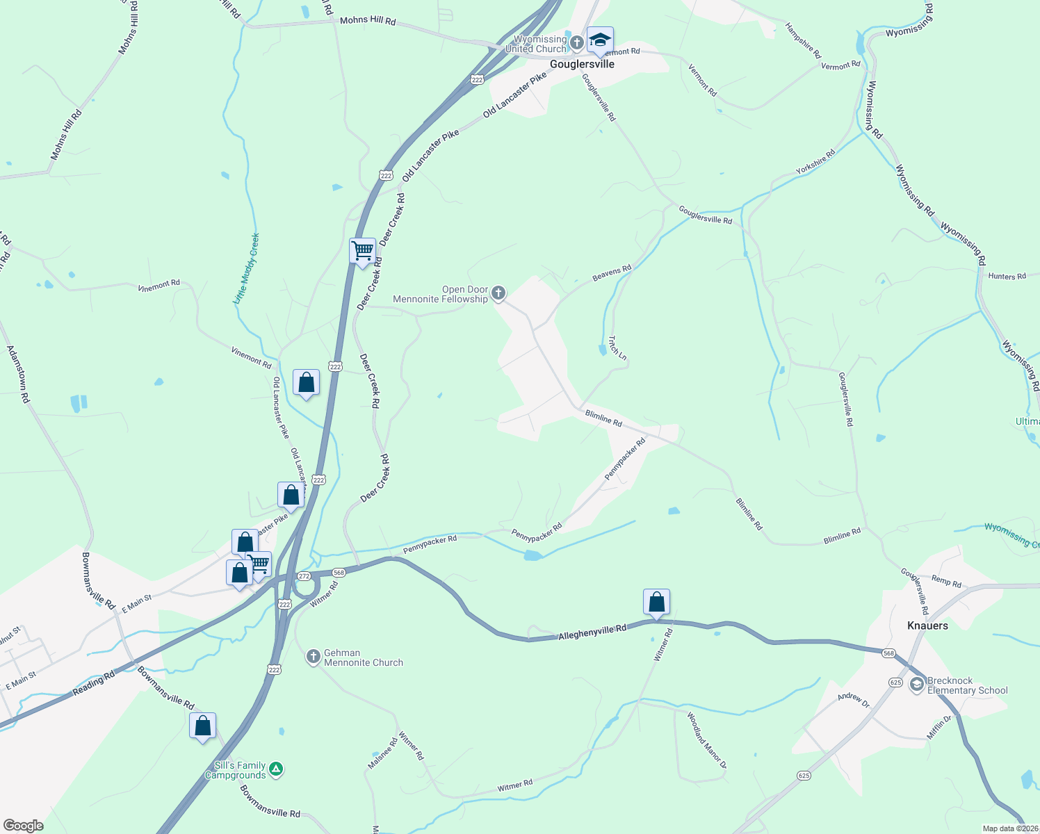 map of restaurants, bars, coffee shops, grocery stores, and more near 5044 Old Farm Ln in Mohnton