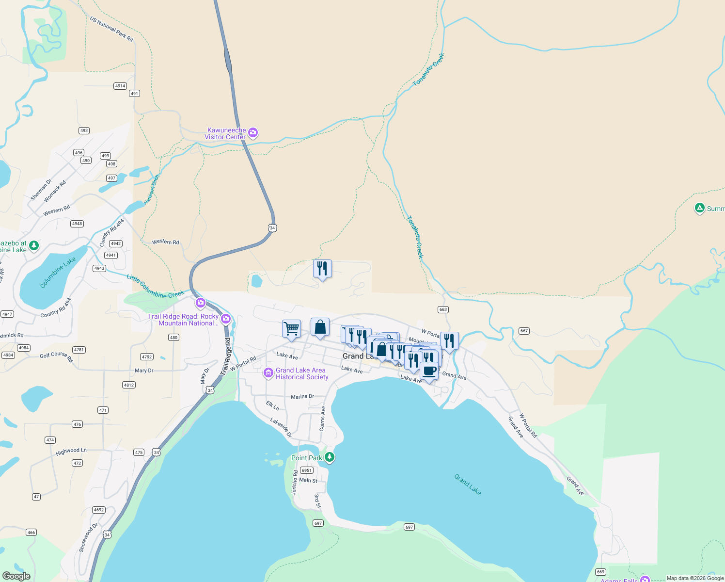map of restaurants, bars, coffee shops, grocery stores, and more near 10-87 Farview Ln in Grand Lake