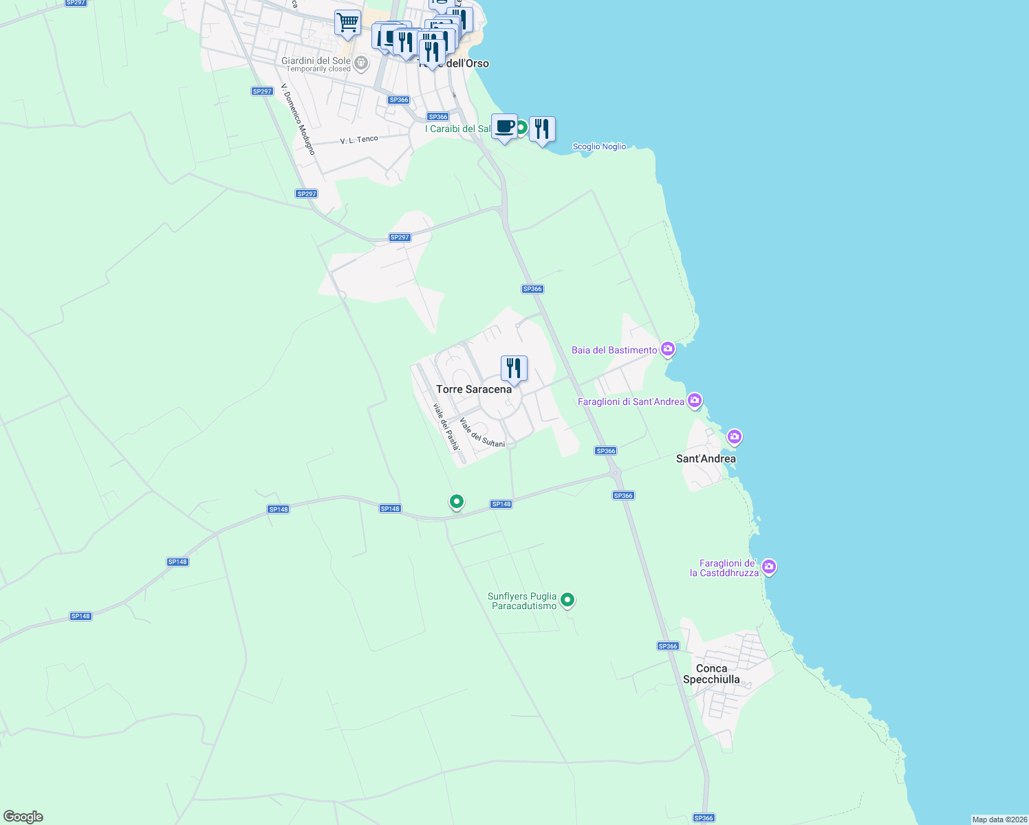 map of restaurants, bars, coffee shops, grocery stores, and more near 32 Viale dei Palmizi in Torre Saracena