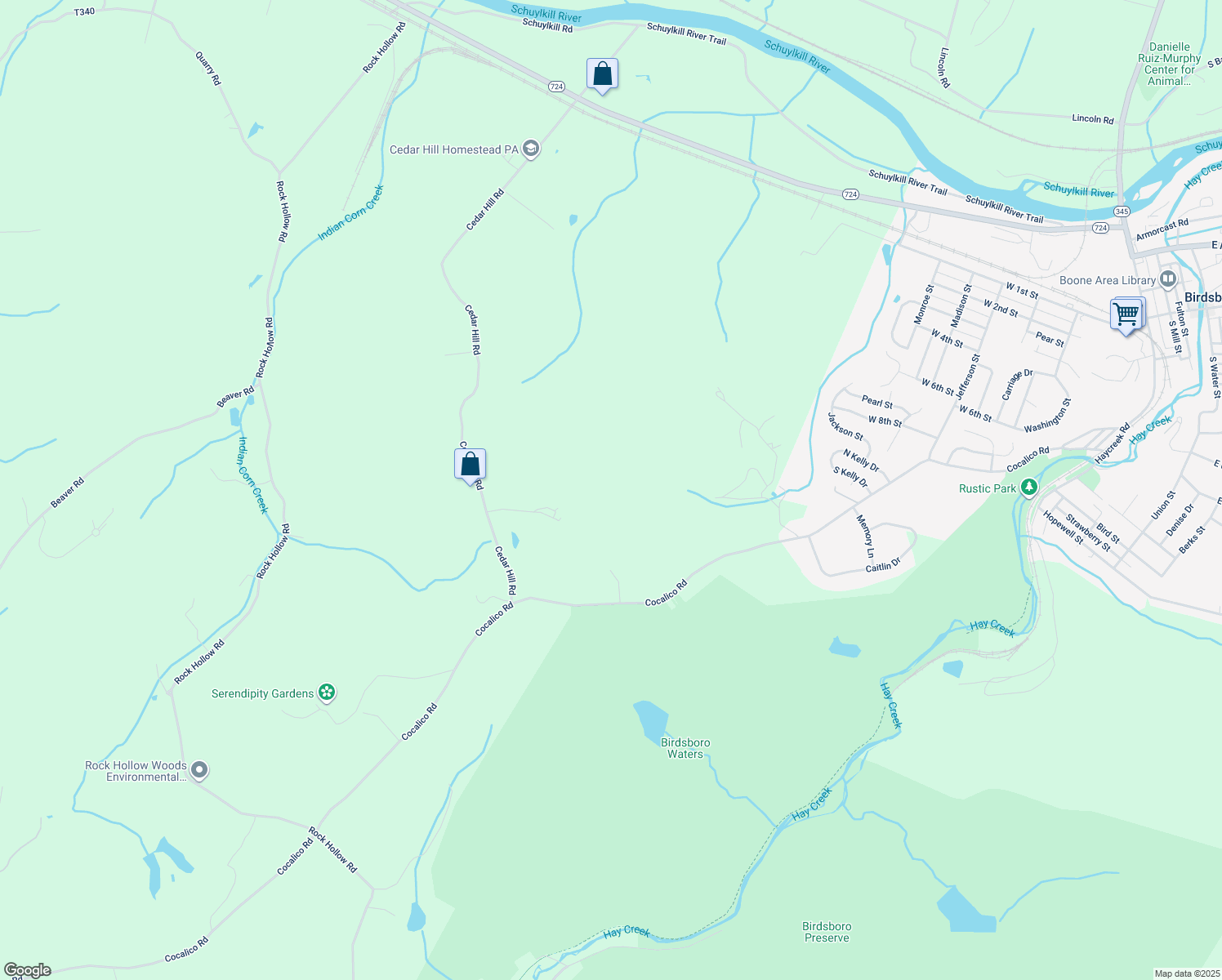 map of restaurants, bars, coffee shops, grocery stores, and more near 50 High Sky Lane in Birdsboro