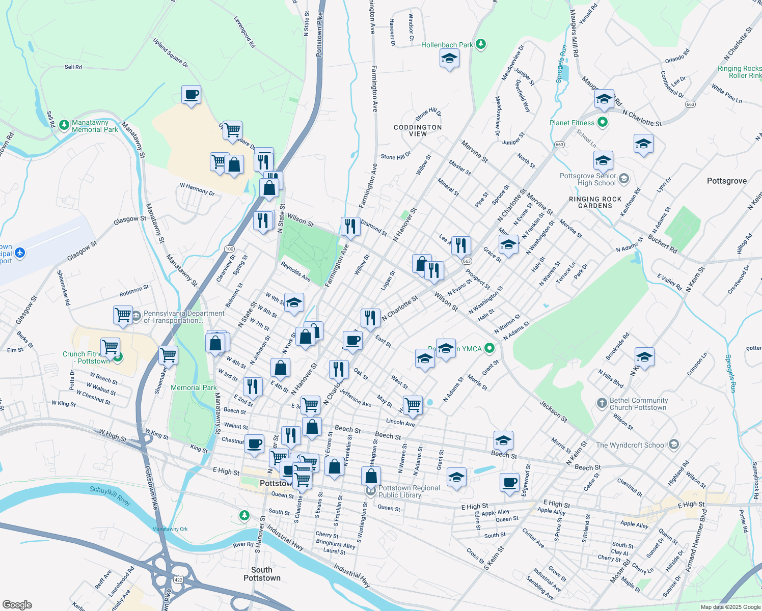 map of restaurants, bars, coffee shops, grocery stores, and more near 668 Spruce Street in Pottstown