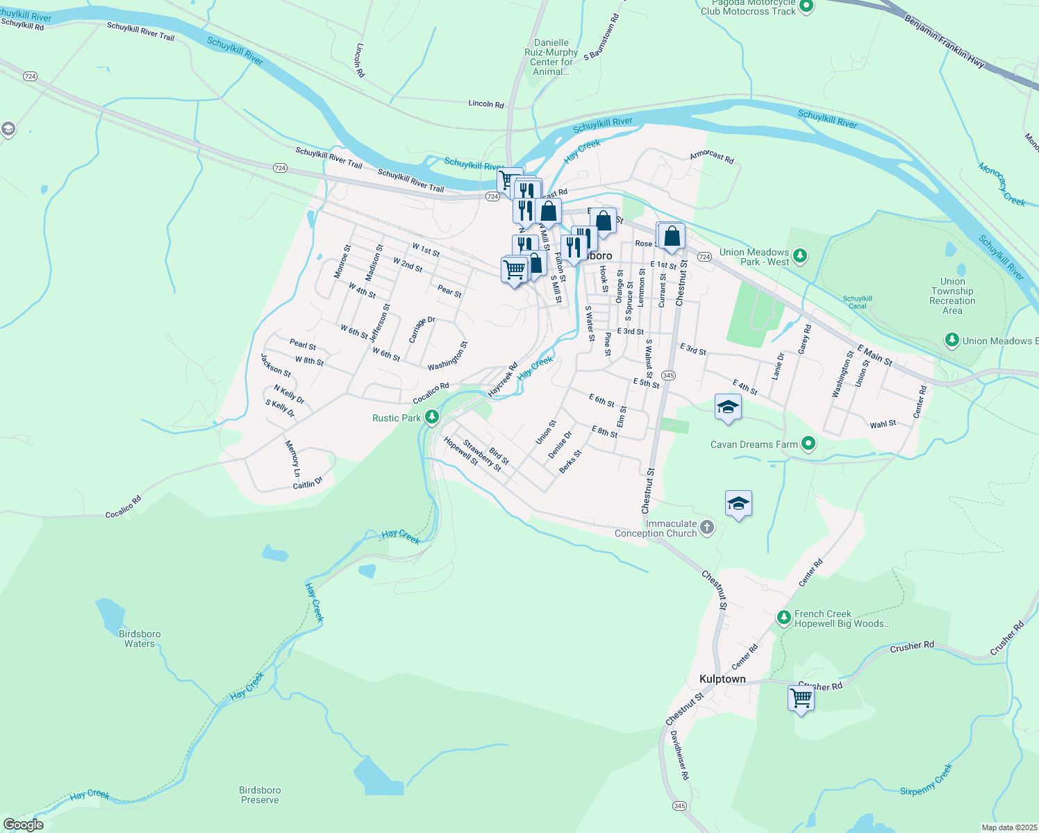 map of restaurants, bars, coffee shops, grocery stores, and more near 216 Cole Court in Birdsboro