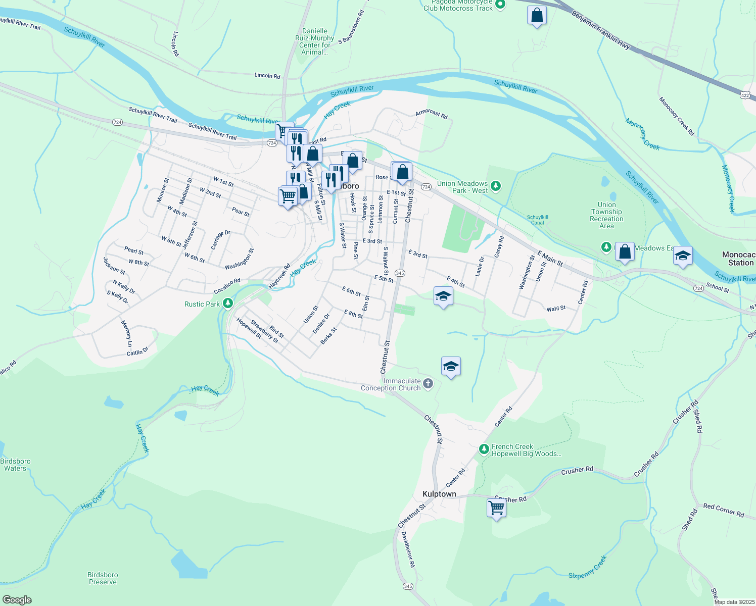 map of restaurants, bars, coffee shops, grocery stores, and more near 618 East 6th Street in Birdsboro