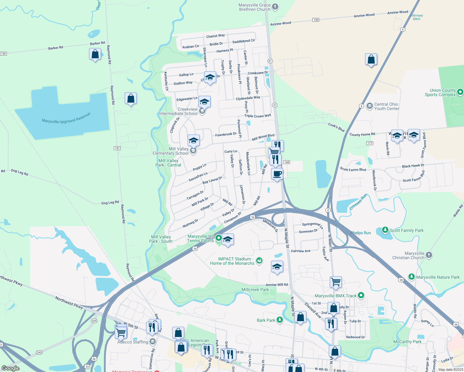 map of restaurants, bars, coffee shops, grocery stores, and more near 1500 Valley Dr in Marysville