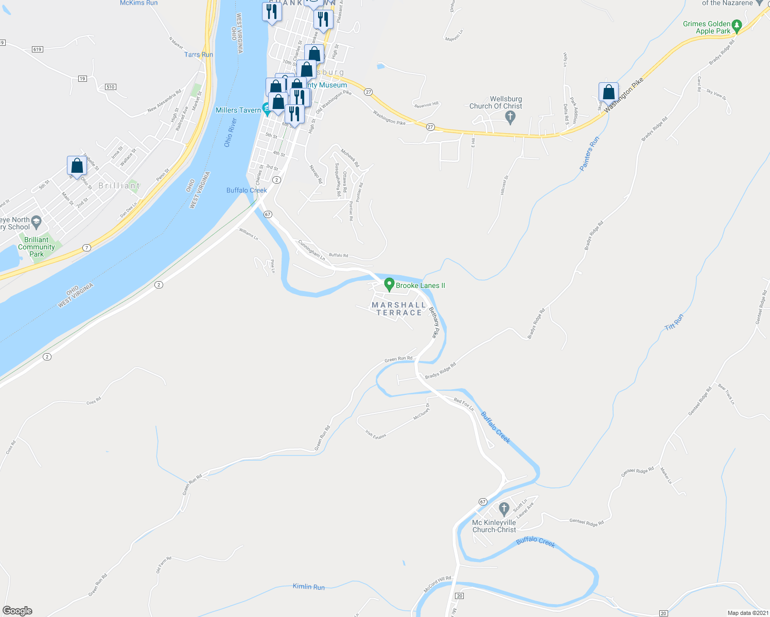 map of restaurants, bars, coffee shops, grocery stores, and more near 63 Marshall Street in Wellsburg