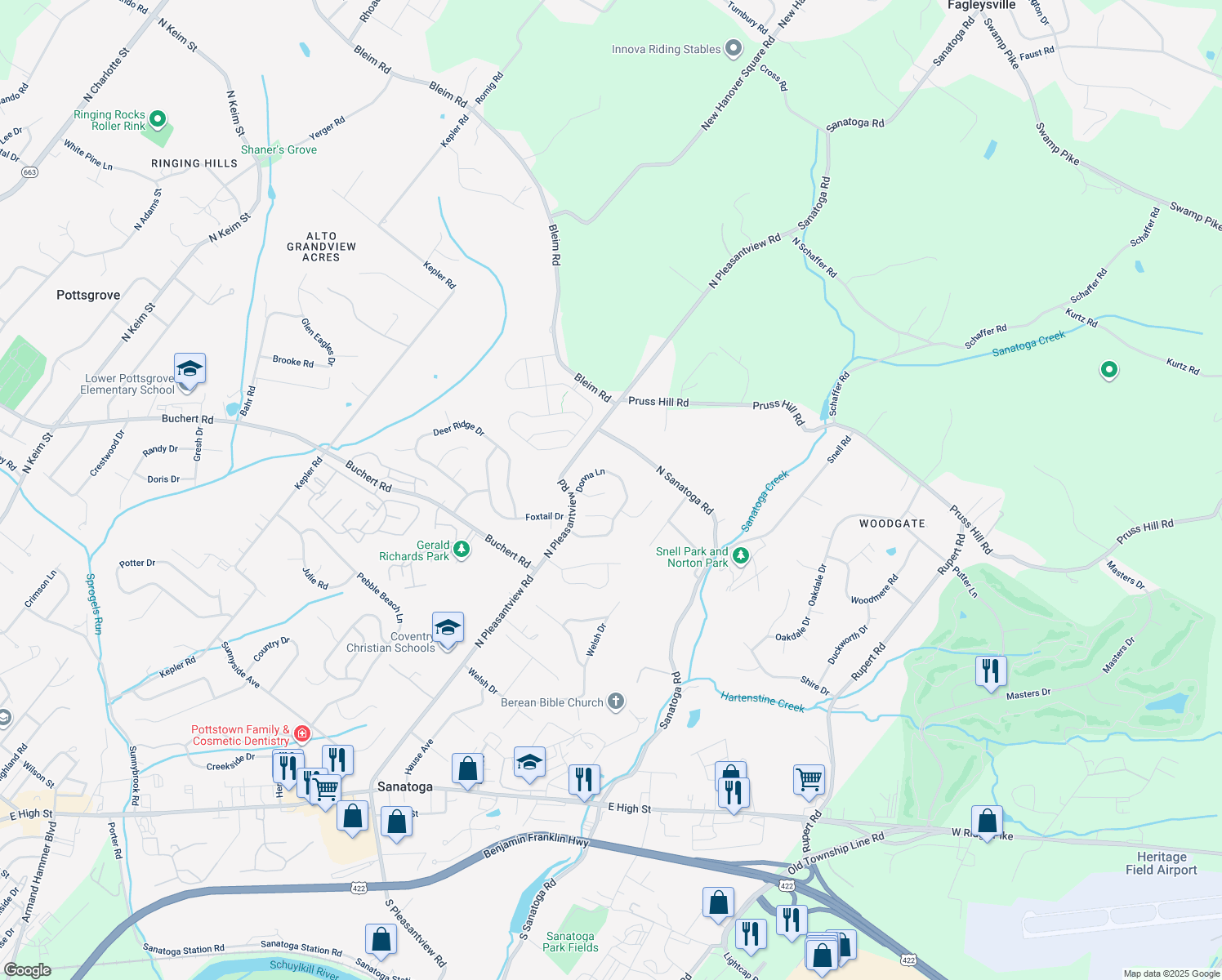 map of restaurants, bars, coffee shops, grocery stores, and more near 2365 Diane Ct in Pottstown