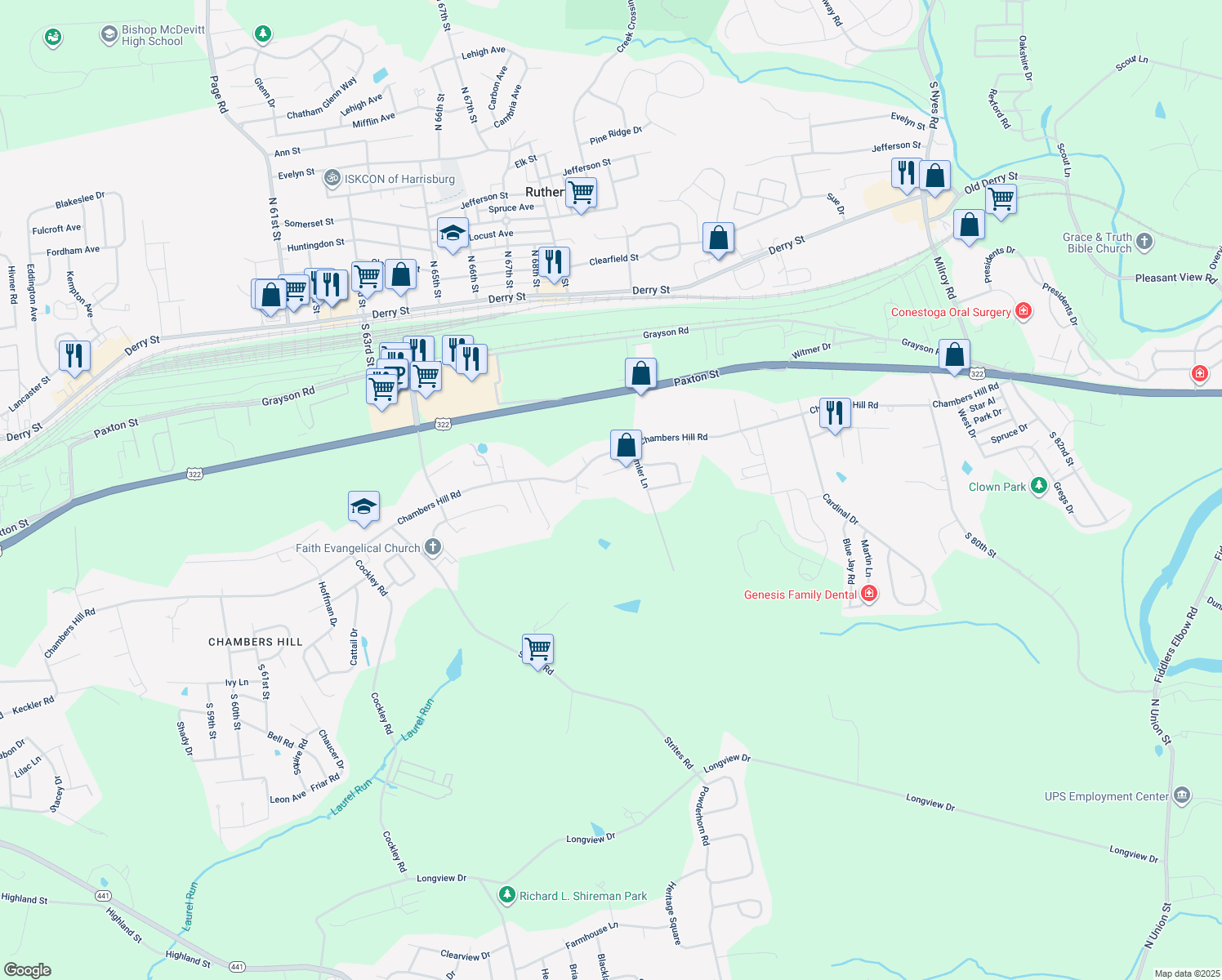 map of restaurants, bars, coffee shops, grocery stores, and more near 7201 Audubon Dr in Harrisburg