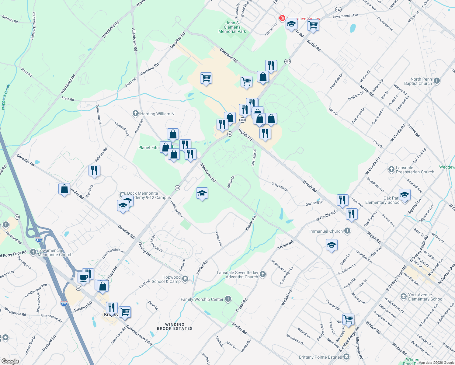 map of restaurants, bars, coffee shops, grocery stores, and more near 447 Militia Drive in Lansdale