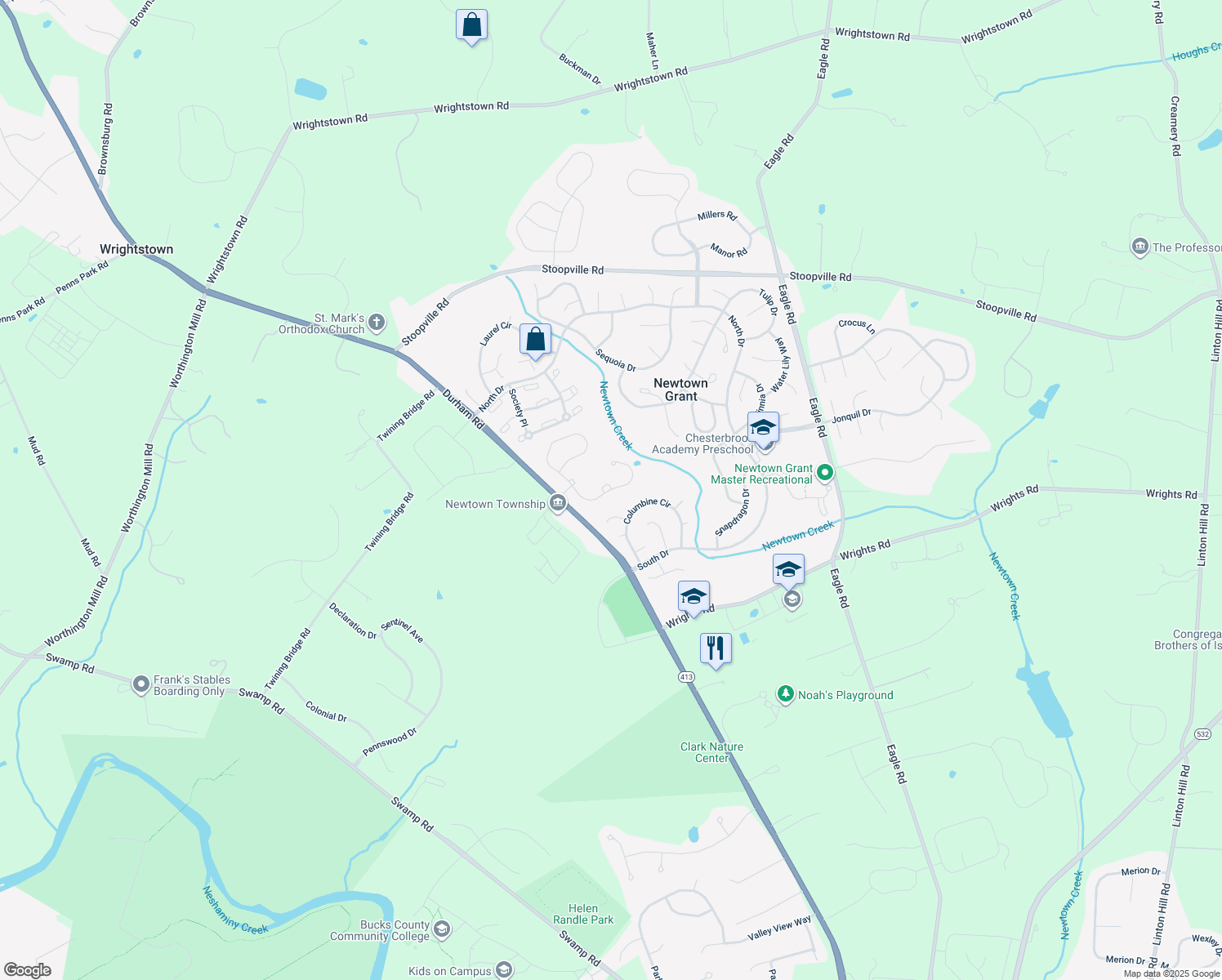 map of restaurants, bars, coffee shops, grocery stores, and more near 35 Elfreths Court in Newtown