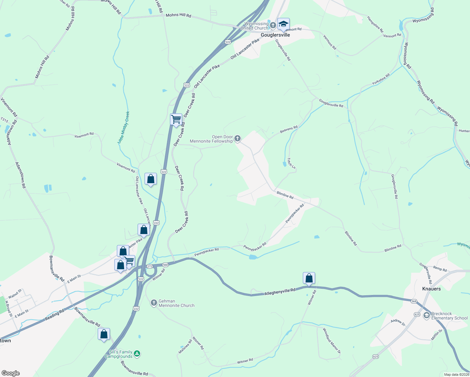 map of restaurants, bars, coffee shops, grocery stores, and more near 23 Charcoal Lane in Mohnton