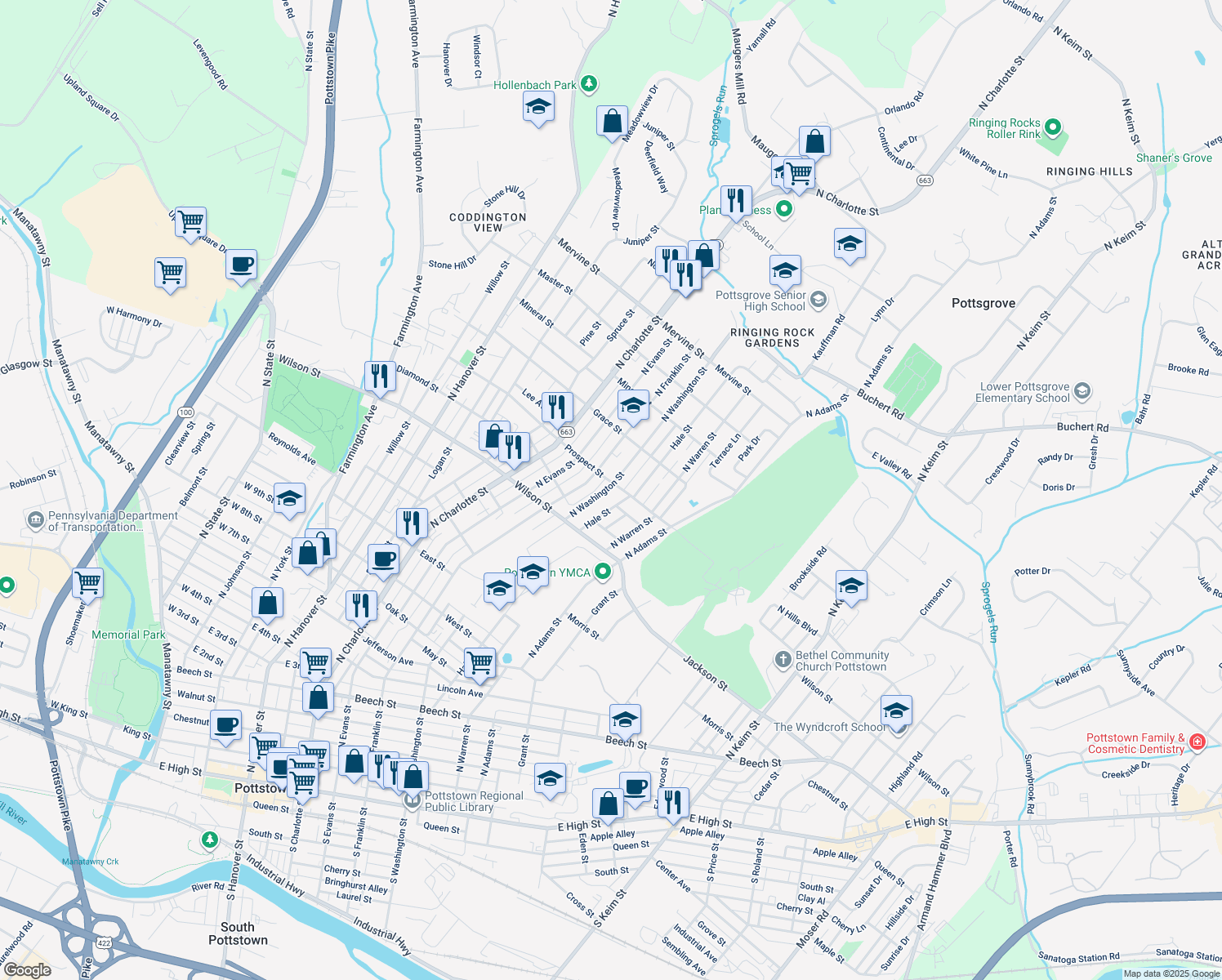 map of restaurants, bars, coffee shops, grocery stores, and more near 892 North Washington Street in Pottstown