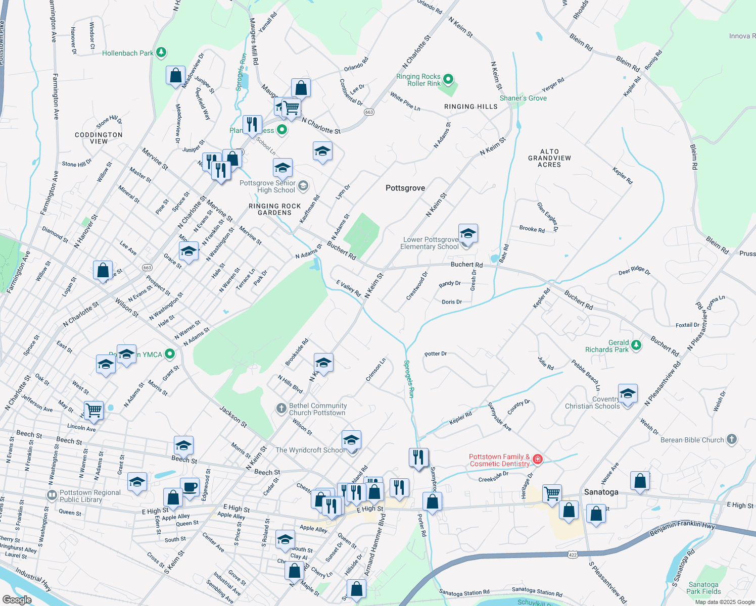 map of restaurants, bars, coffee shops, grocery stores, and more near 1164 Crestwood Drive in Pottstown