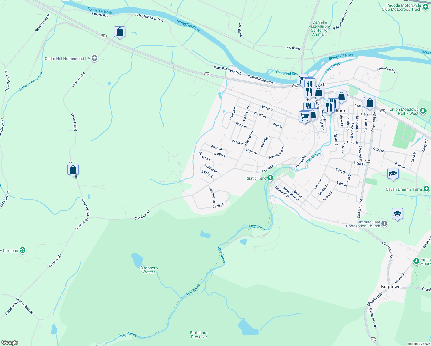map of restaurants, bars, coffee shops, grocery stores, and more near 105 North Kelly Drive in Birdsboro