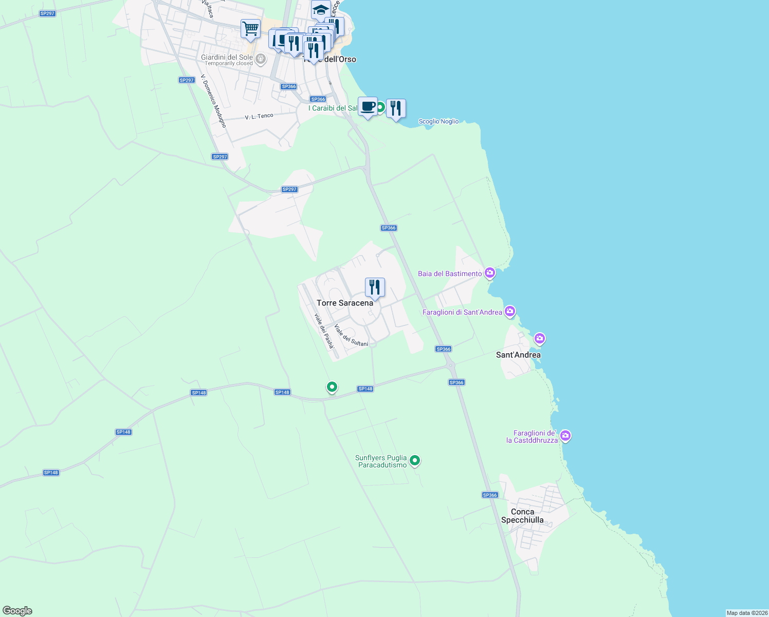 map of restaurants, bars, coffee shops, grocery stores, and more near 32 Viale dei Palmizi in Torre Saracena