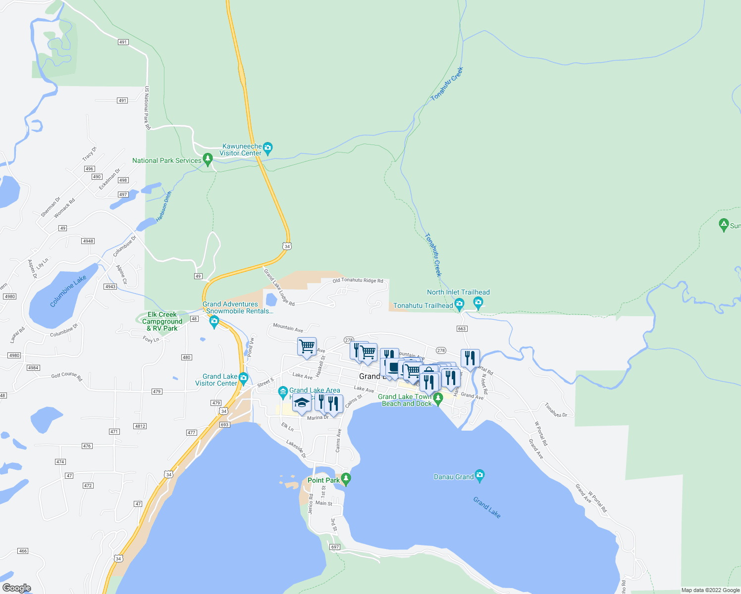 map of restaurants, bars, coffee shops, grocery stores, and more near 10-87 Farview Lane in Grand Lake