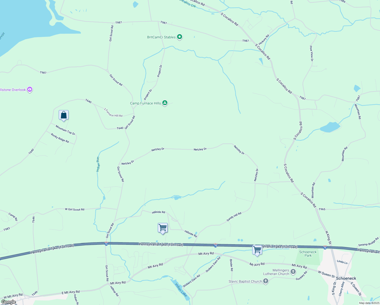 map of restaurants, bars, coffee shops, grocery stores, and more near Netzley Drive in Lancaster County
