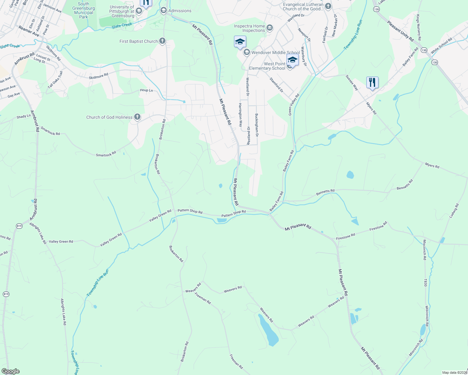 map of restaurants, bars, coffee shops, grocery stores, and more near 1474 Mount Pleasant Road in Greensburg