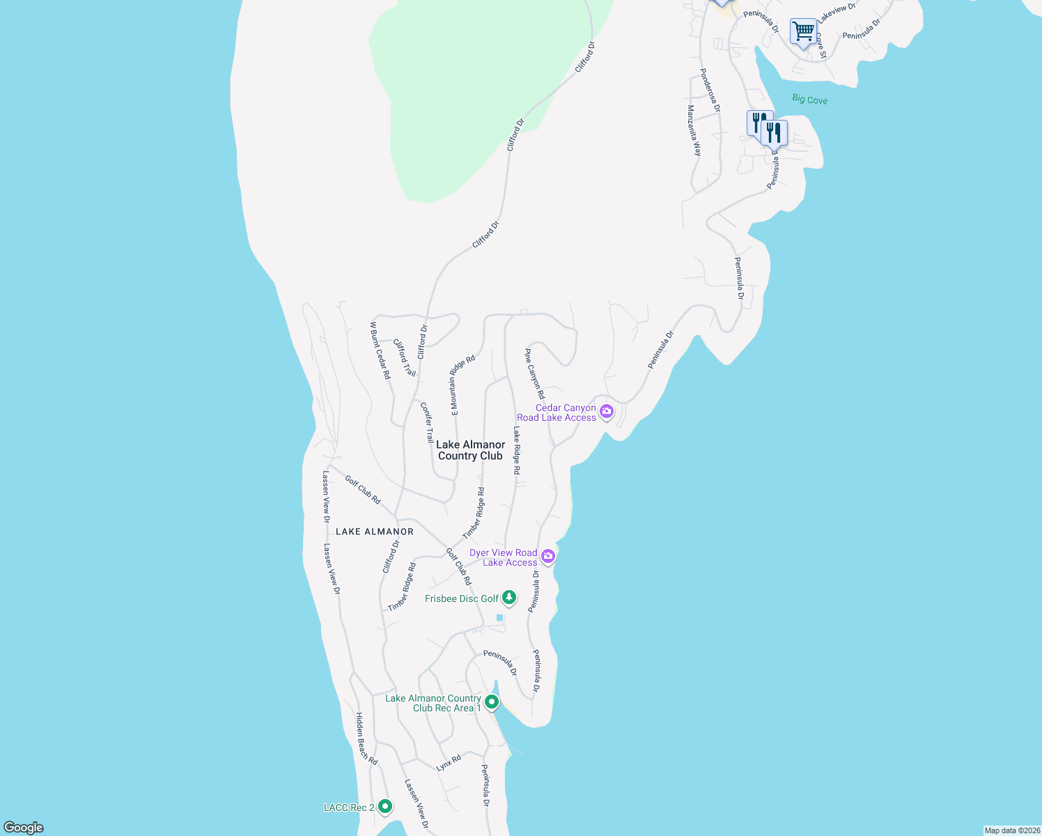 map of restaurants, bars, coffee shops, grocery stores, and more near 108 Peninsula Drive in Lake Almanor Country Club